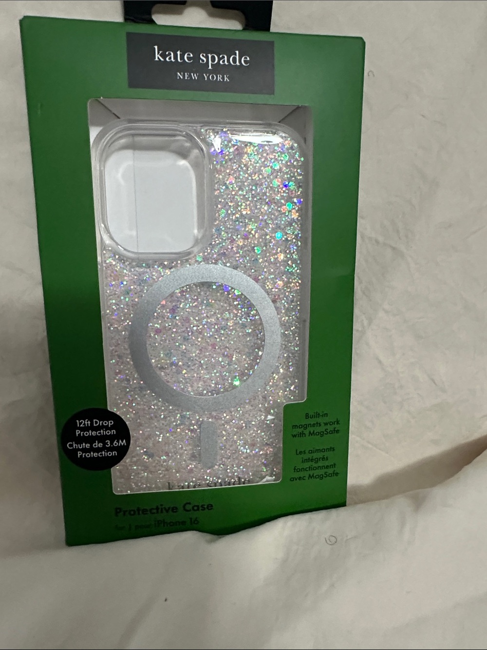 kate spade Iridescent Glitter MagSafe iPhone 16 Case - Silver Holographic NWT